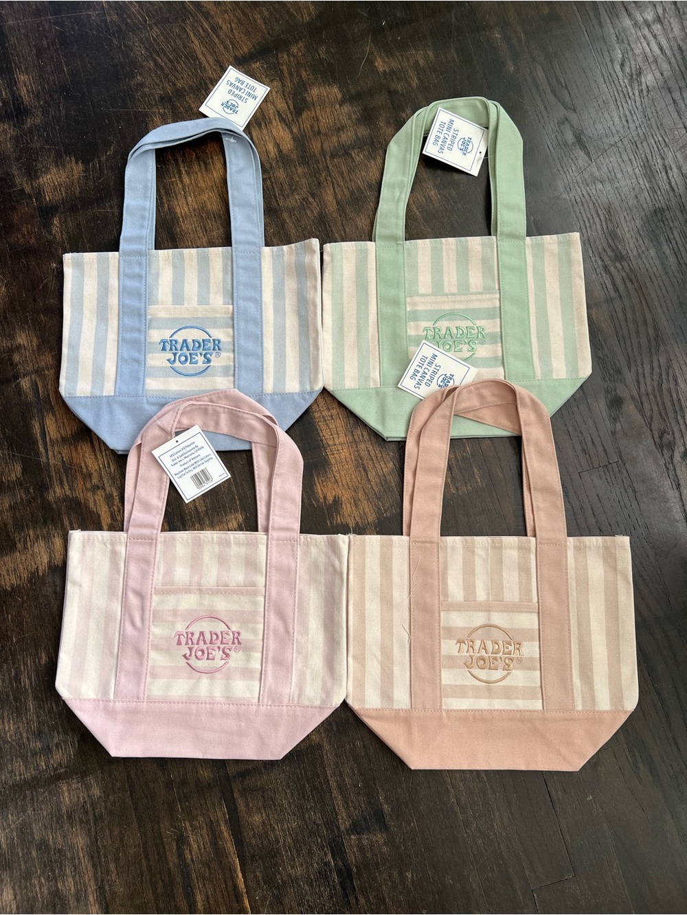 New Trader Joe's Mini Canvas Pastel Stripe Tote Bags Reusable Set all 4 colors